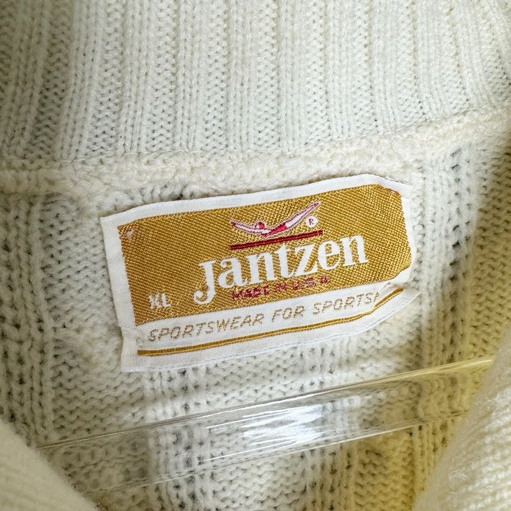 Jantzen Mens Sweater‎ Fair Isle Vintage Size XL USA Cable Knit Cream Grandpa